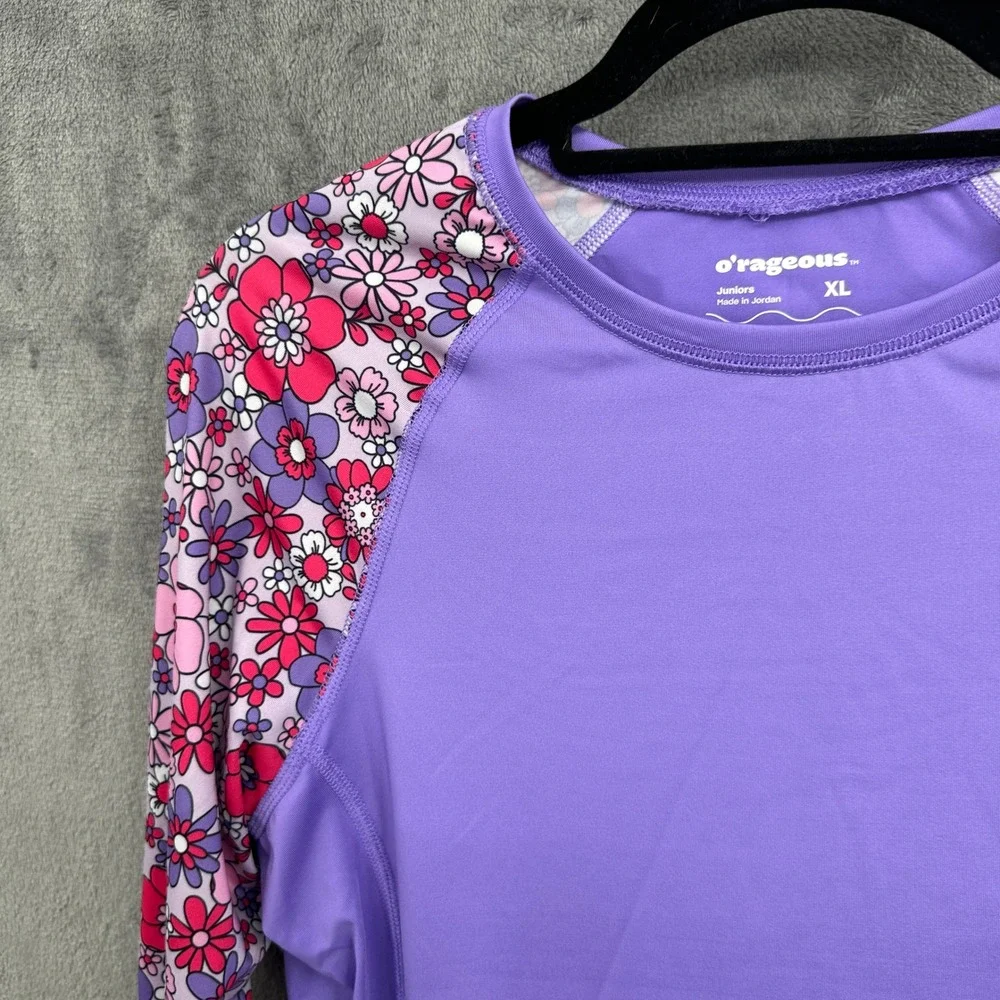 O'rageous Rash Guard Juniors XL Purple Retro Floral Raglan UPF 50 Swim Top